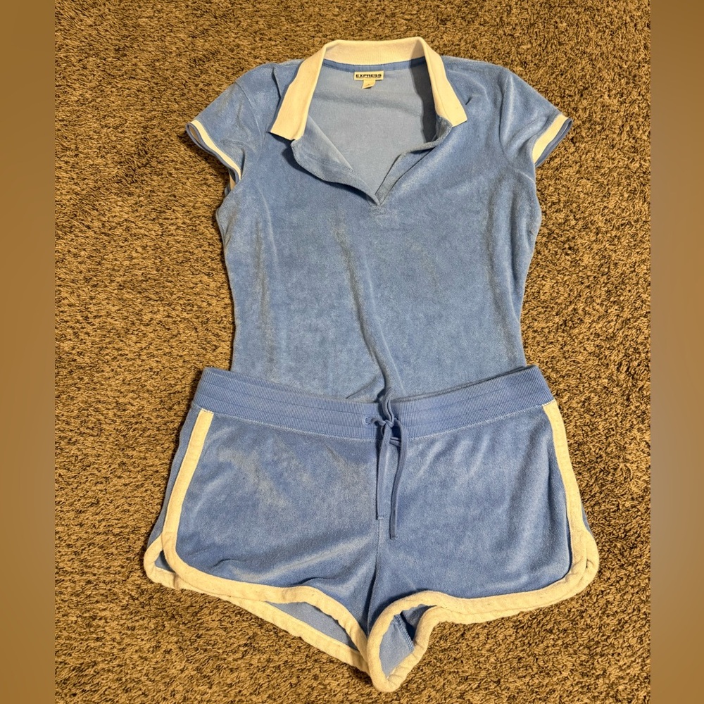 Vintage Y2K Express Blue Terry Cloth shorts and polo shirt with White Trim